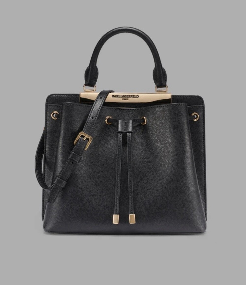 NWT Karl Lagerfeld Evelina Bucket Bag Black Gold Leather Drawstring Satch